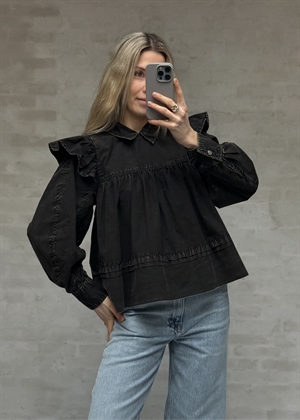 Garment dyed cotton frill bluse Black A1040061 Ganni 